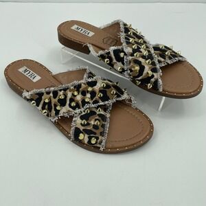 Myra Women Sandals Size 9 Leopard Print Gold Studded Crisscross Slide Bohemian